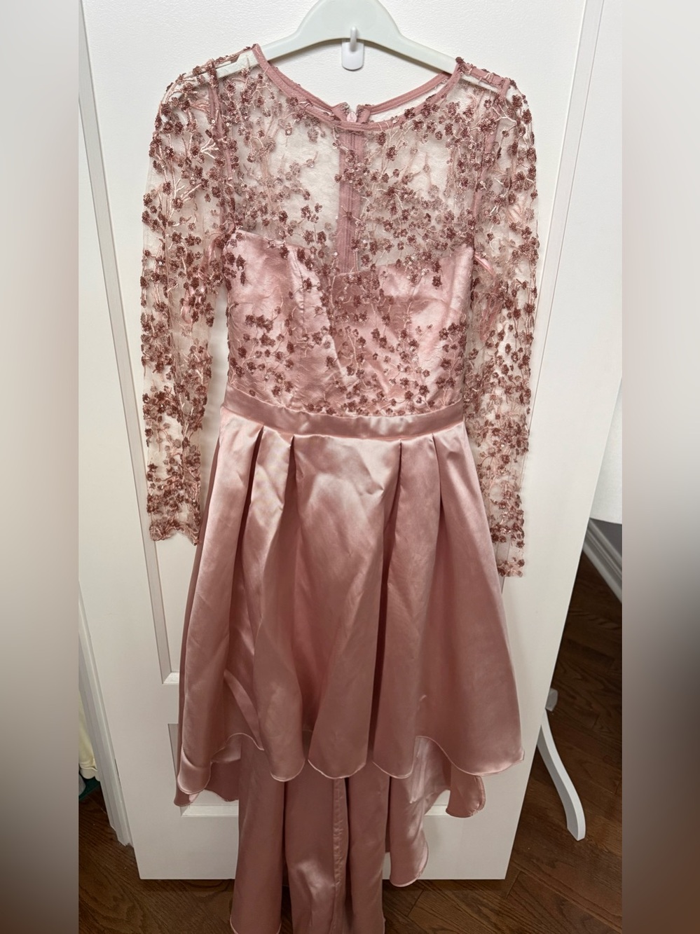 le chateau Rose Pink Lace & Satin High-Low Formal Dress